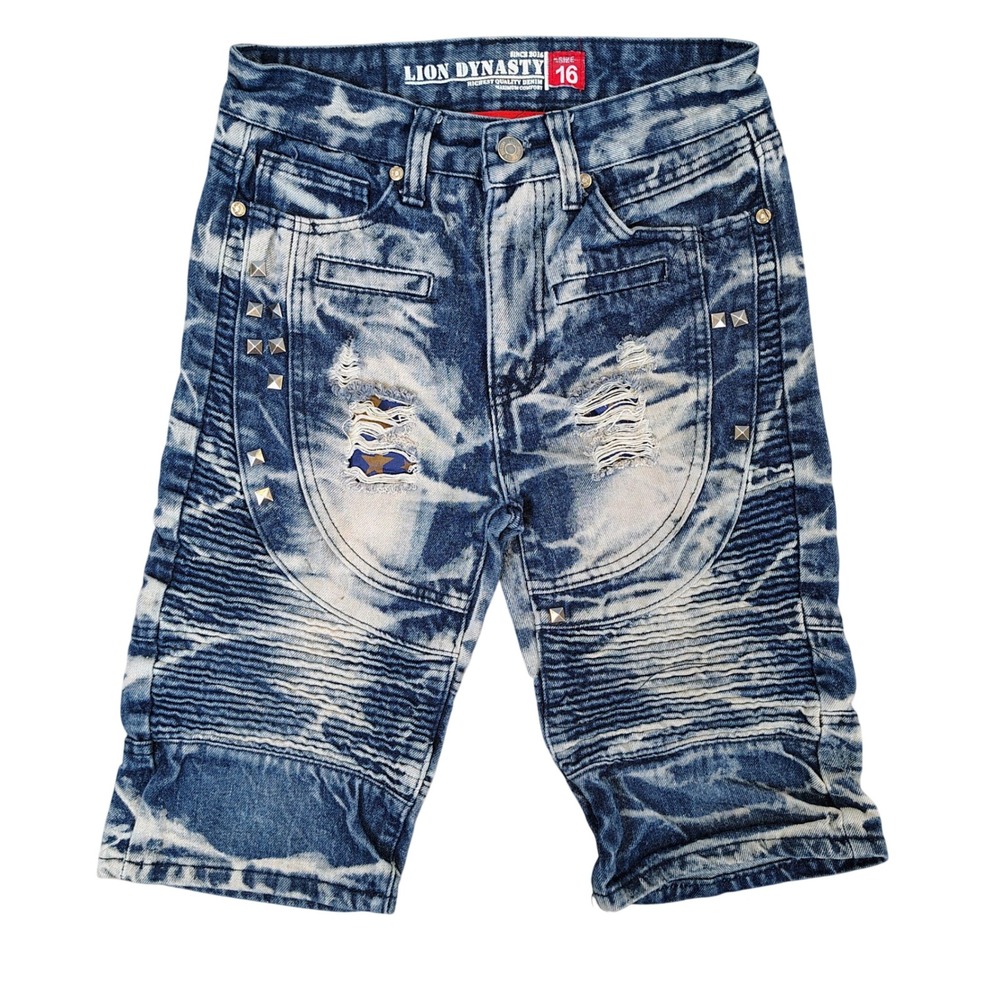 Lion Dynasty Mens SZ 16 Moto Biker Shorts Blue Acid Wash Studded Distressed